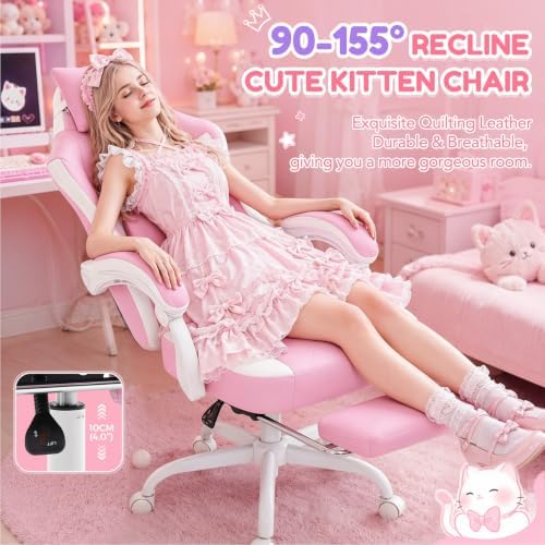 Gaming Chair, Ergonomic Computer Chair with Cat Embroidery, Pink