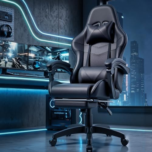 J.M.-Deco Black Gaming and Office Chair-Big and Tall Ergonomic Comfy Desk Chair with Lumbar Support and Foot Rest