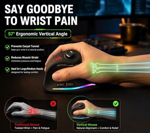 TKMARS Wireless Ergonomic Vertical Gaming Mouse with Joystick, Bluetooth & 2.4G, 12 Programmable Buttons, Adjustable 24000 DPI, Rechargeable RGB Computer Mouse for PC, MacBook & Laptops