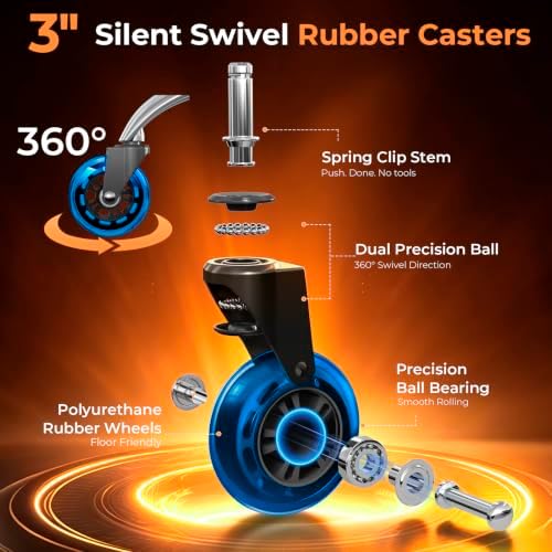 Office Chair Wheels for Casters Replacement - 3" Rubber Wheels for Computer Gaming Desk Caster Smooth & Safe Rolling for All Floors Including Hardwood and Carpet - Set of 5 - Blue