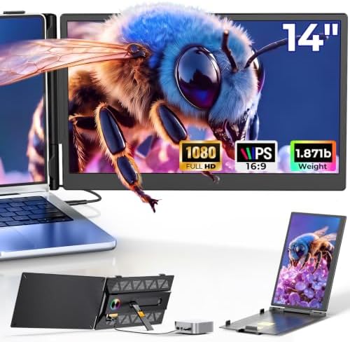Laptop Screen Extender, 14" FHD 1080P Portable Monitor for Laptop with 100% sRGB, Dual Screen Extender for Laptop 13–17.3", Plug & Play External Monitor, Business Travel & Home Office