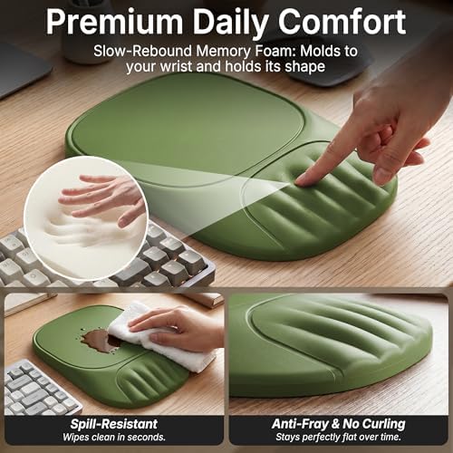 Ergonomic Mouse Pad with Wrist Rest, Sloped Memory Foam Mousepad with Wrist Support, Cooling Channels, Non-Slip Base, Smooth Lycra Surface for Office, Gaming & Home Desk (Sage Green)
