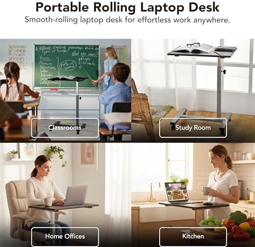 Displays By Jack Adjustable Height Rolling Laptop Desk, Silver Mobile Sit Stand Computer Table on Wheels – 24 x 15 in Portable Workstation for Home Office, Study Room, Classroom