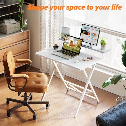 WOHOMO Folding Computer Desk with Monitor Stand, Adjustable Height, White