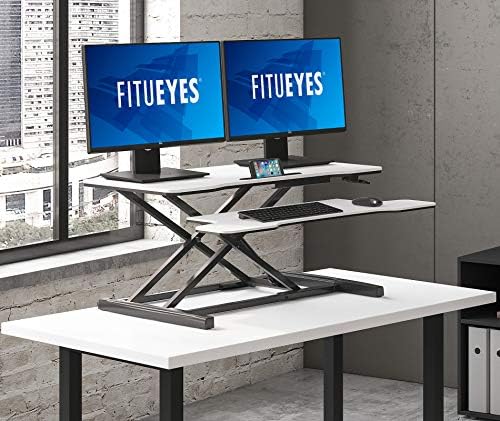 FITUEYES Height Adjustable Standing Desk 36” Wide Sit to Stand Converter Stand Up Desk Tabletop Workstation for Laptops Dual Monitor Riser White SD309103WW