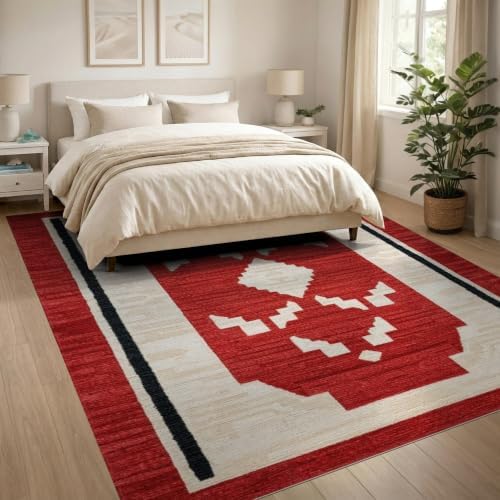 8'x10' Red Ivory Cat Crimson Boho Geometric Washable Area Rug