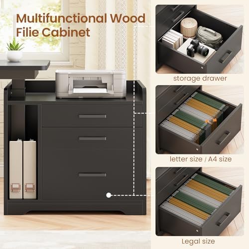 SEDETA L Shaped Standing Desk with File Cabinet, 3 Drawers, Power Outlet