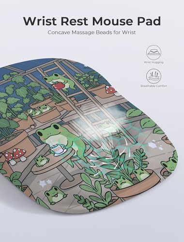 Kawaii Frog Ergonomic Mouse Pad for Carpal Tunnel Pain Relief, 65% Usable Mouse Area in Compact Size, Memory Foam Concave Wrist Rest for Office, PC, Gaming