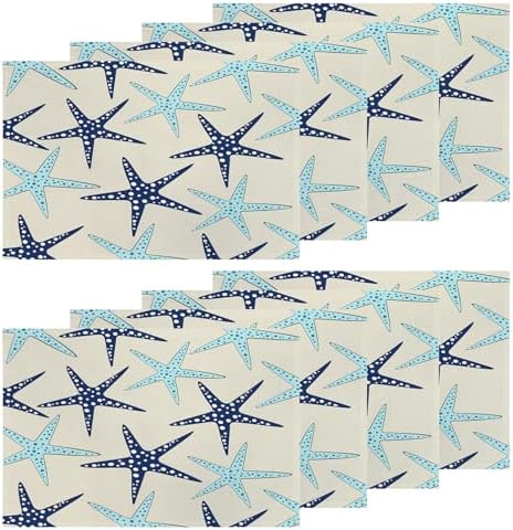 Shrahala Coastal Nautical Set of 8 12 X 18 Inch Linen Placemats, Blue Navy Sea Star Seamless Beach Turquoise Starfish Burlap Table Mat Washable Double Layered Heat Insulation for Indoor/Outdoor