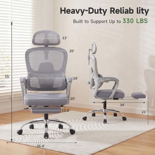Ergonomic Office Chair with Footrest, 90-145° Reclining Mesh Desk Chair
