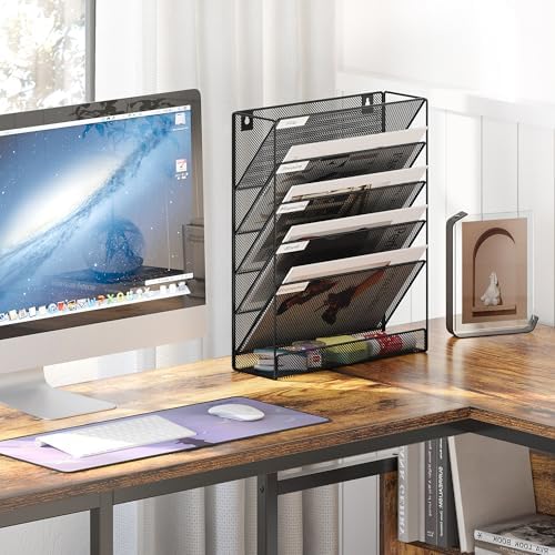 EasyPAG 5 Tier Wall File Holder, Mesh Hanging Folder Organizer with Classify Label, Versatile Desk File Holder, Vertical Wall Mounted Mail Organizer for Office Home Cubicle, Black