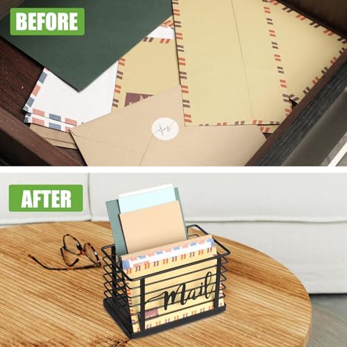 Mail Holder, Acacia Wood & Sturdy Metal Mesh Letter Caddy,2-Slot Desktop Organizer for Desk Home Office