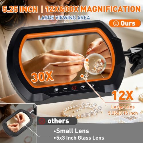 HITTI 30X & 12X Square Ultra Long Magnifying Glass with Light and Clamp