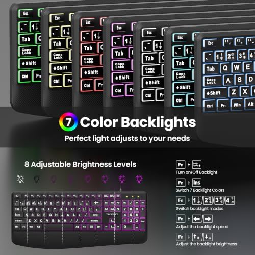 TECKNET Wired Keyboard and Mouse Combo, 4X Large Print, 7-Color Backlit Silent Keyboard Kits, Ergonomic Design with Wrist Rest, Soft-Typing, USB Plug & Play for Computer/Mac/Laptop