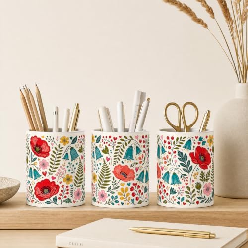 Pen Holder for Desk Ceramic Pencil Cup, Cute Makeup Brush Desk Organizer, Desk Accessories, School Supplies, Teacher Appreciation Gifts, Birthday Christmas Gift for Women (Red-Flower)