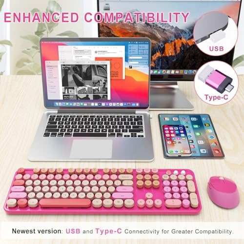 SkyGive Wireless Keyboard and Mouse Combo, Ergonomic Full Size Typewriter Retro Round Keycaps Keyboard, Compatible with Windows, PC, Perfer for Home and Office Keyboards （Red）