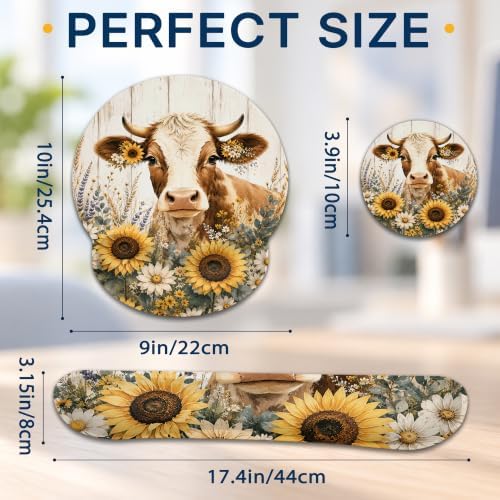 Fun Sunflower Cow Mouse Pad with Wrist Rest, Keyboard Support and Coaster