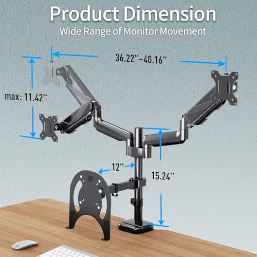 MOUNTUP Dual Monitor and Laptop Mount, Adjustable Monitor Stand for 2 Max 27" Computer Screens, Laptop Tray Fits 10-17inch Notebook, Holds 4.4-17.6lbs Per Arm, 3-in-1 Adjustable Monitor Desk Mount