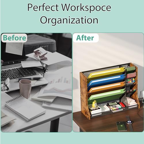 Jakyitvi 5 Tiers Ironwood Wall Desk File Holder Organizer Organizer, Brown