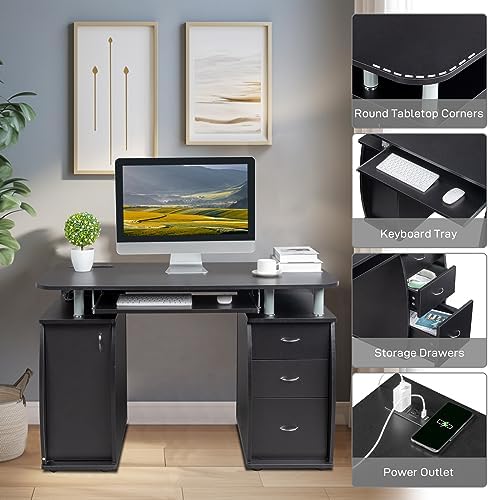 Karl home MDF Computer Desk with Strip Socket, Home Office Desk Writing Desk, Office Table with 3 Drawers and Storage Cabinet for Studio, Apartment, Coffee, Black