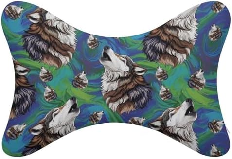 2 Pack Car Headrest Pillow Wolf Memory Foam Neck Pillow with Adjustable Strap for Driving Travel