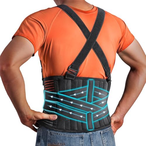 Work Back Support Belt with 2 Removable Suspender Straps, Back Posture Protector for Heavy Lifting Safety Protector, Lumbar Brace for Men Women in Moving, Construction, and Warehouse Jobs Small