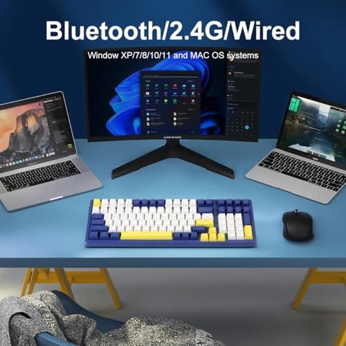 Merdia Wireless Mechanical Keyboard, Triple Mode 2.4G/USB-C/BT Gaming Keyboards 100 Keys Ice-Blue Backlit, Red Switch Keyboard | Rechargeable Mechanical Gaming Keyboards | Blue/White/Yellow