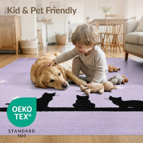 5'x7' Black Cat Lavender Starry Washable Area Rug