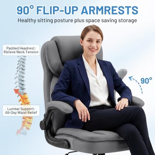 Ergonomic PU Leather Office Chair with Double-Layer Seat Cushion, Adjustable Armrest and Headrest, Reclining Backrest 360° Swivel Rolling Computer Desk Chair for Home Office Gaming Space, Gray
