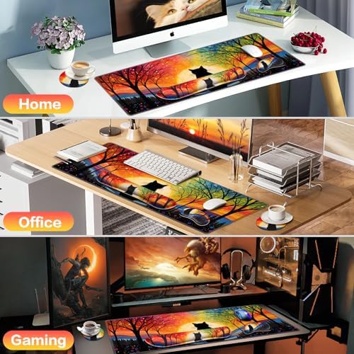 Mouse Pad with Wrist Rest Black Cat, 4-in-1 Large Mousepad Keyboard