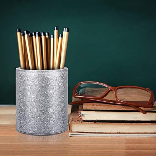 Glitter Pen Holder, Pencil Cup Desk Sparky Bling for Women Girls, Luxury Durable Makeup Brush Holder Large Pu Leather Multi-Functional Organizer Cup for Office, Classroom, Home, Silver