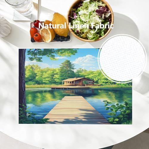 Batmerry Retreat Wooden Structure Linen Placemats Set of 6, Forest Setting Water Body Washable Table Mats for Kitchen Table Thickened Heat Insulation Dining Set Indoor Outdoor 12X18 in