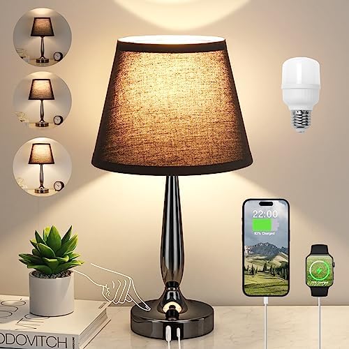 Kakanuo Touch Bedside Lamp for Bedroom with USB C Port, Small Touch Table Lamp with 2 USB Charging Ports, 3 Way Dimmable Nightstand Lamp for Living Room and Office - Black (LED Bulb Included)