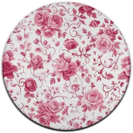 Soft Round Yoga Carpet, Office Chair Decor Round Mat for Carpet and Hardwood Floors Pink Flowers Rose Floral