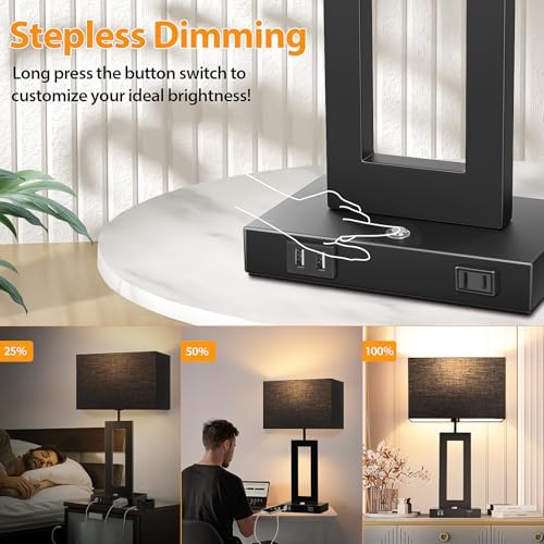 27.2’’ Tall Black Table Lamps for Living Room Bedroom, Bedside Touch Control Lamps with 2 USB Ports&AC Outlet, 3 Color Temp.&Stepless Dimming Desk Lamp Sets for Home Office, Pre-assembled Black Shade