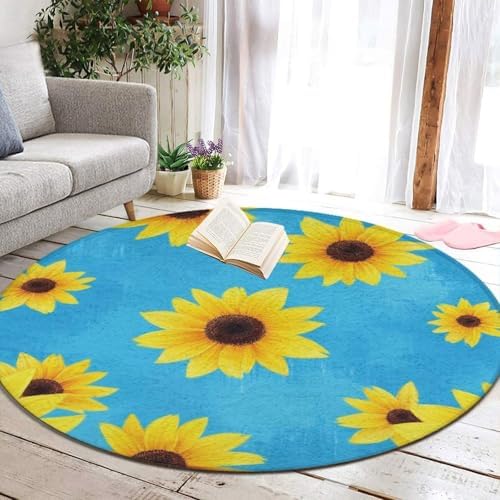 Large Machine Washable Circular Rugs, Home Decor Round Mat for Living Room Sofa Office Sunflower