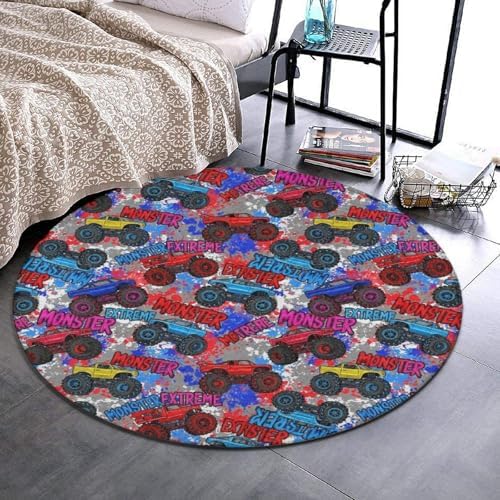 Soft Round Yoga Carpet, Large Home Decor Mat, Non Slip Machine Washable Kitchen Office Circle Rug Monster Truck Car Grunge, 24inch