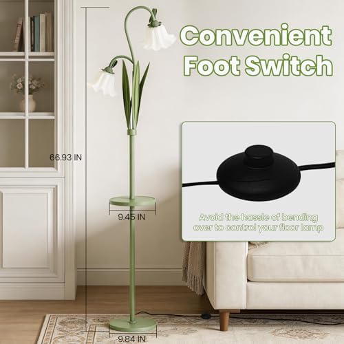 Funky Flower Floor Lamp with Table, Adjustable Gooseneck Floor Lamp with 3 Color Temperature, LED Bright Standing Lamp for Living Room, Bedroom, Corner, for Girl Women（Matcha Green）