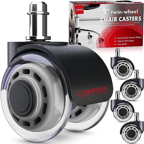 Office Chair Wheels Replacement Set of 5 - Dual 2 Inch Soft Chair Casters for Hardwood Vinyl Tile - Heavy Duty & Safe for All Floors - Fits 98% of Computer Gaming & Office Chairs - Grey