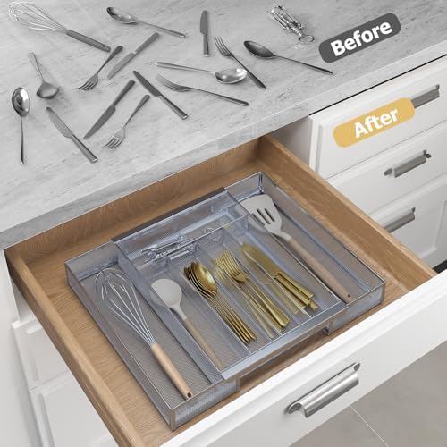 Sedegn Silverware Organizer Metal Mesh, Drawer Organizer, Utensil Cutlery Tray Expandable Flatware Organizer with 7 Compartment Silver 9.6"~16.1" x 13.8"
