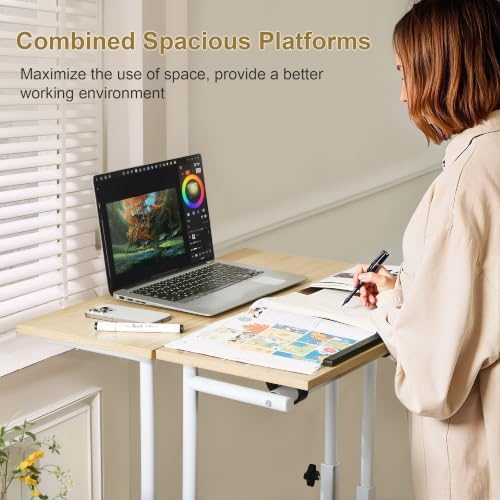 VECELO Mobile Small Standing Desk Adjustable Height, Computer Workstations with Tiltable Tabletop, Lockable Wheels, Portable Rolling Laptop Desk for Home Office, Oak