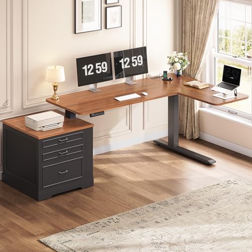 SEDETA Farmhouse L Shaped Electric Standing Desk, 70.9" x 39.4" Height Adjustable Office Executive Desk with 3 Drawers, Standing Computer Desks with Power Outlet for Home Office, Black