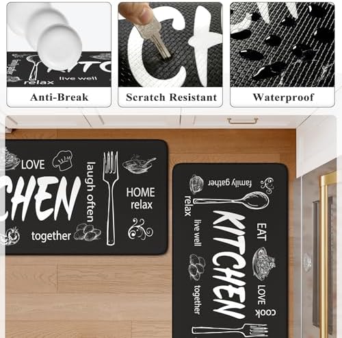 KIMODE Anti Fatigue Kitchen Mats,Black Farmhouse Kitchen Rugs Sets of 2