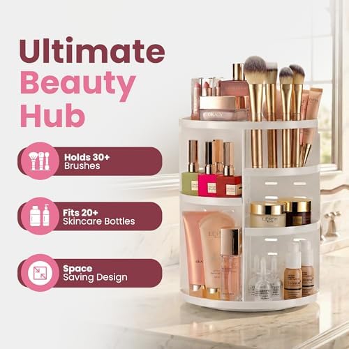 Masirs 360 Rotating Makeup Organizer Countertop, Adjustable Shelf, White