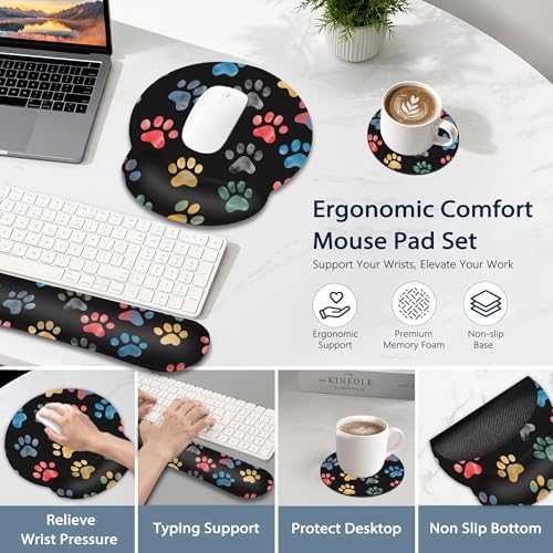 Wrist Rest Mouse Pad and Keyboard Support Set,Cute Cat Dog Paw 3 in 1 Ergonomic Memory Foam Mousepad with Non Slip Base, Gaming Mouse Pad for Office and Home