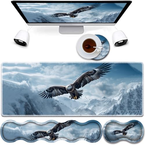 4 in 1 Mouse Pad Combo, Large Gaming Mouse Pad + Keyboard Wrist Support + Mouse Wrist Rest + Coaster, Table Pad 31.5 "x 11.8" with Memory Foam Ergonomic Wrist Pad Set, Eagles in The Sky