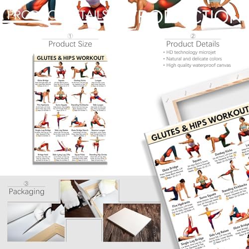 Glutes & Hips Workout Exercise Poster, 16 Illustrated Lower Body Training Moves Chart with Rep Ranges, Bodyweight Butt & Hip Tutor Guide for Home Gym Beginner Fitness Training and Glute Sculpting Reference(16x24inchs，Wrapped Framed)