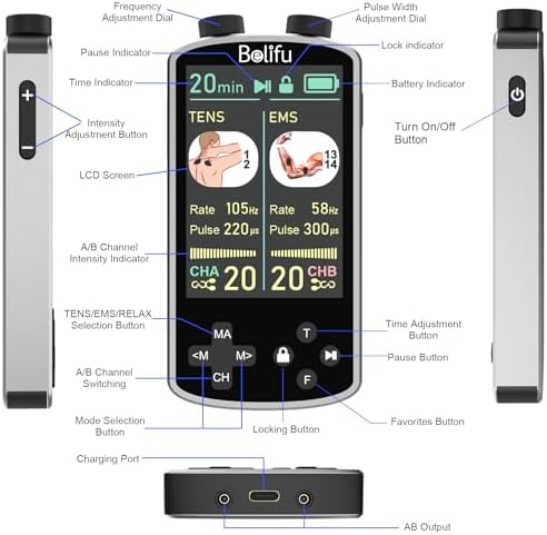 TENS EMS Unit Muscle Stimulator for Pain Relief Therapy - 4 in 1 TENS EMS Relax Custom Frequency+Pulse - Muscle Massager 36 Modes 20 Intensity, Memory & Favorites Function, 3.8" Color Display - Gray