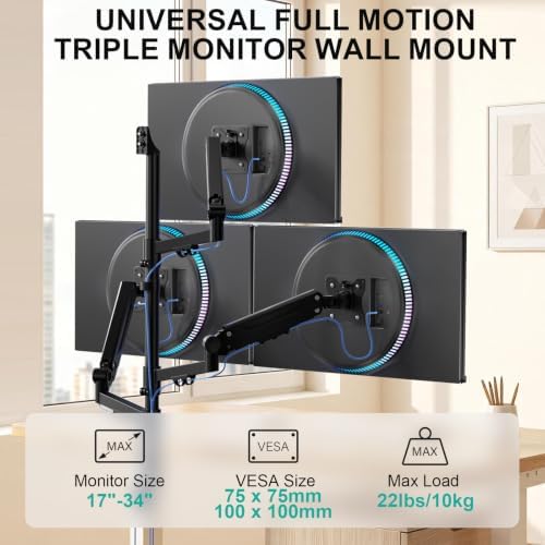 WALI Triple Monitor Wall Mount for 17-34 inch Screens, 22lbs per Arm, Black