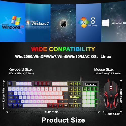 BlueFinger RGB Gaming Keyboard and Backlit Mouse Combo, USB Wired, LED Gaming Set for Laptop PC Computer Game and Work (Black & White)